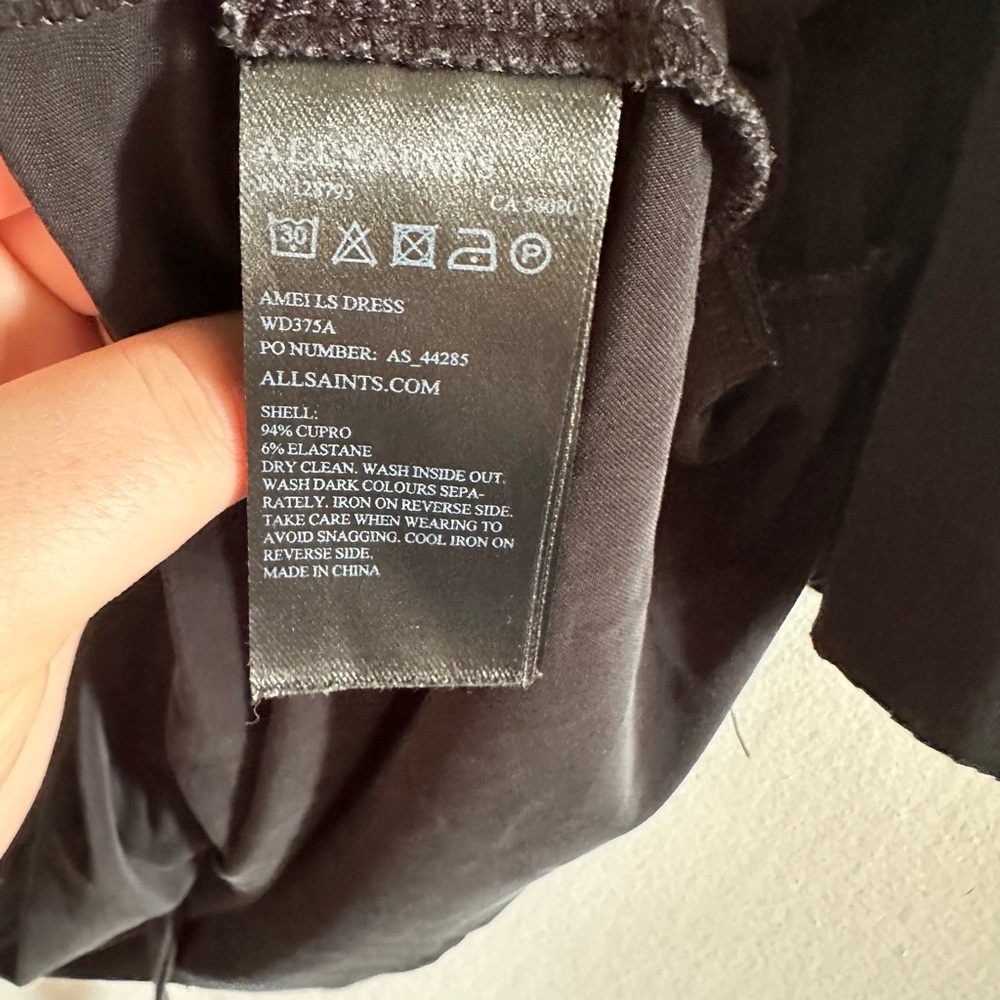 Allsaints Black Cupro Amei Long Sleeve Draped Mini Dress Size 0 EUC - Picture 12 of 12